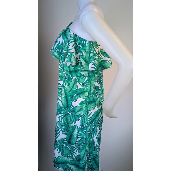 New Gianni Bini Pam Shift Minidress Small One Shoulder Green Palm Leaf Tropical - Picture 4 of 10
